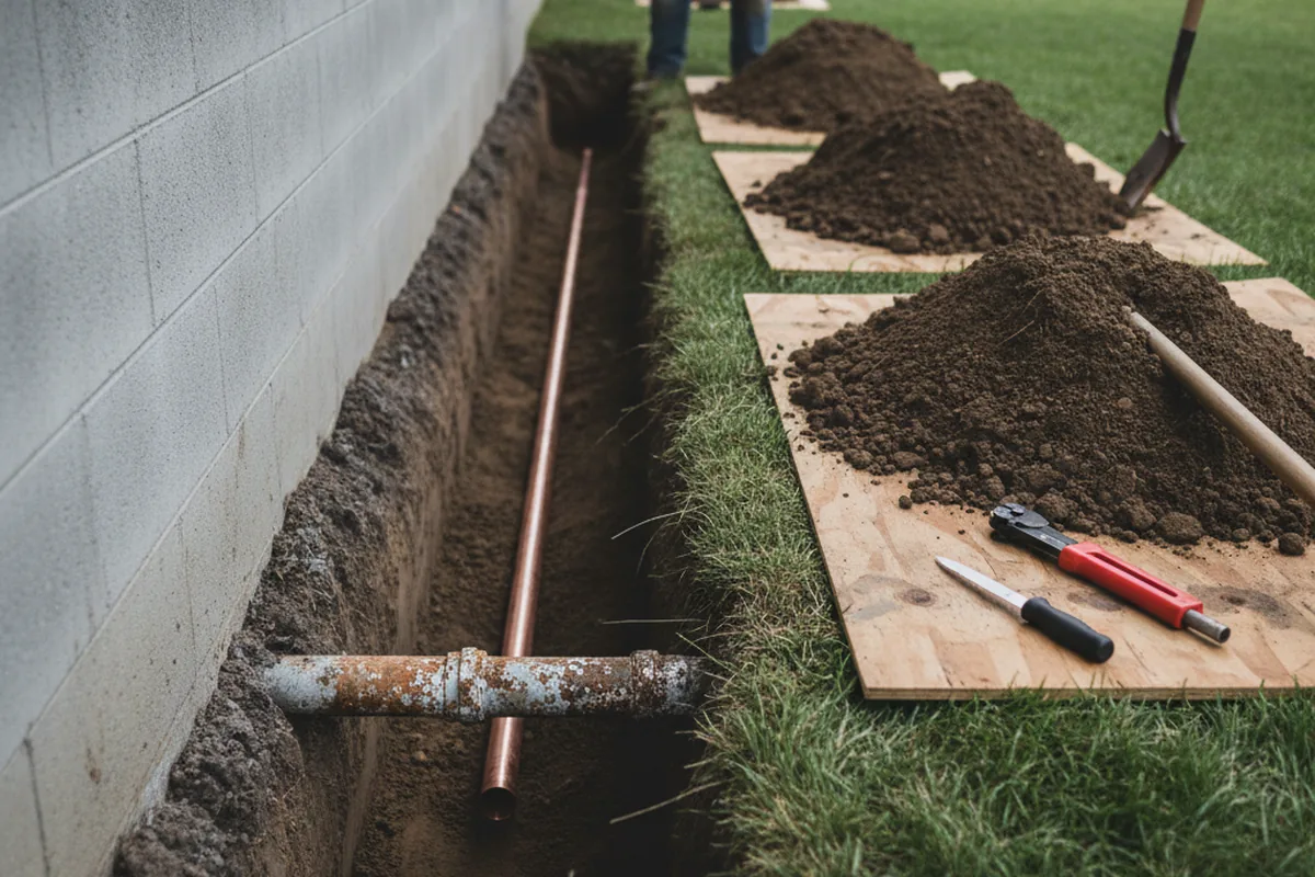 Excavated water line trench during Water Softener Installation in Bluefield